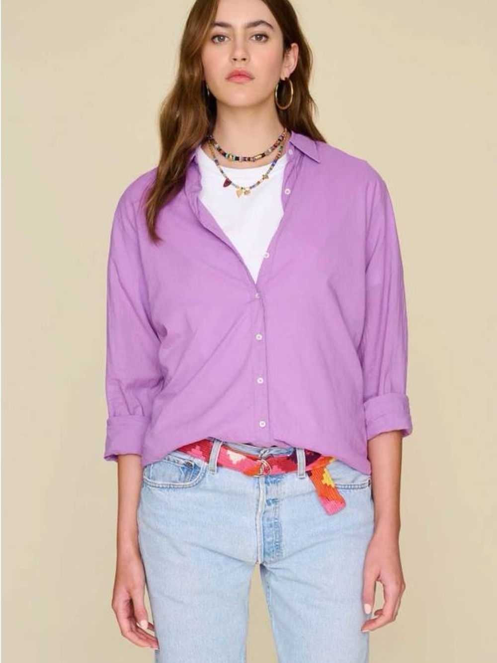Xirena Beau Shirt Button Down Collared Long Sleeve Cotton Top in Villa Plum L
